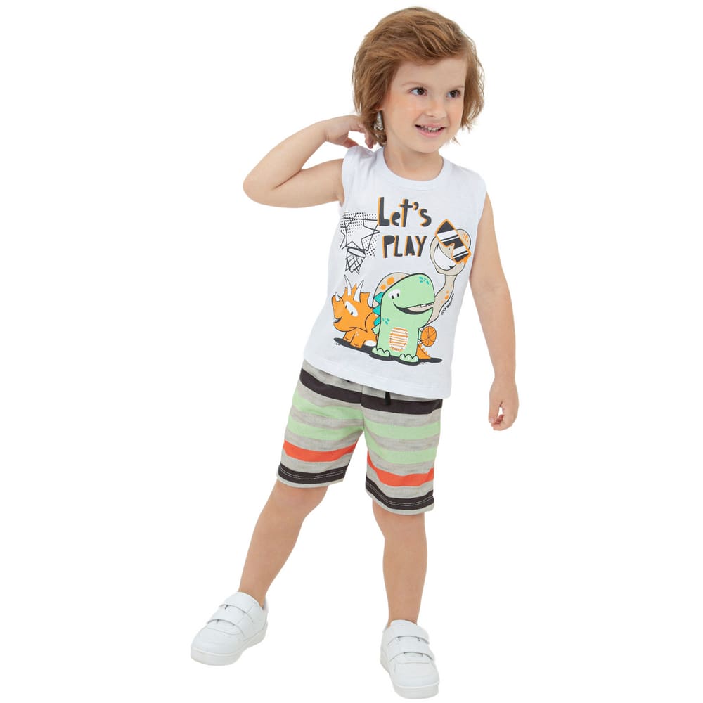 Conjunto Menino Regata Branca Desenho Bermuda Listrada Verão