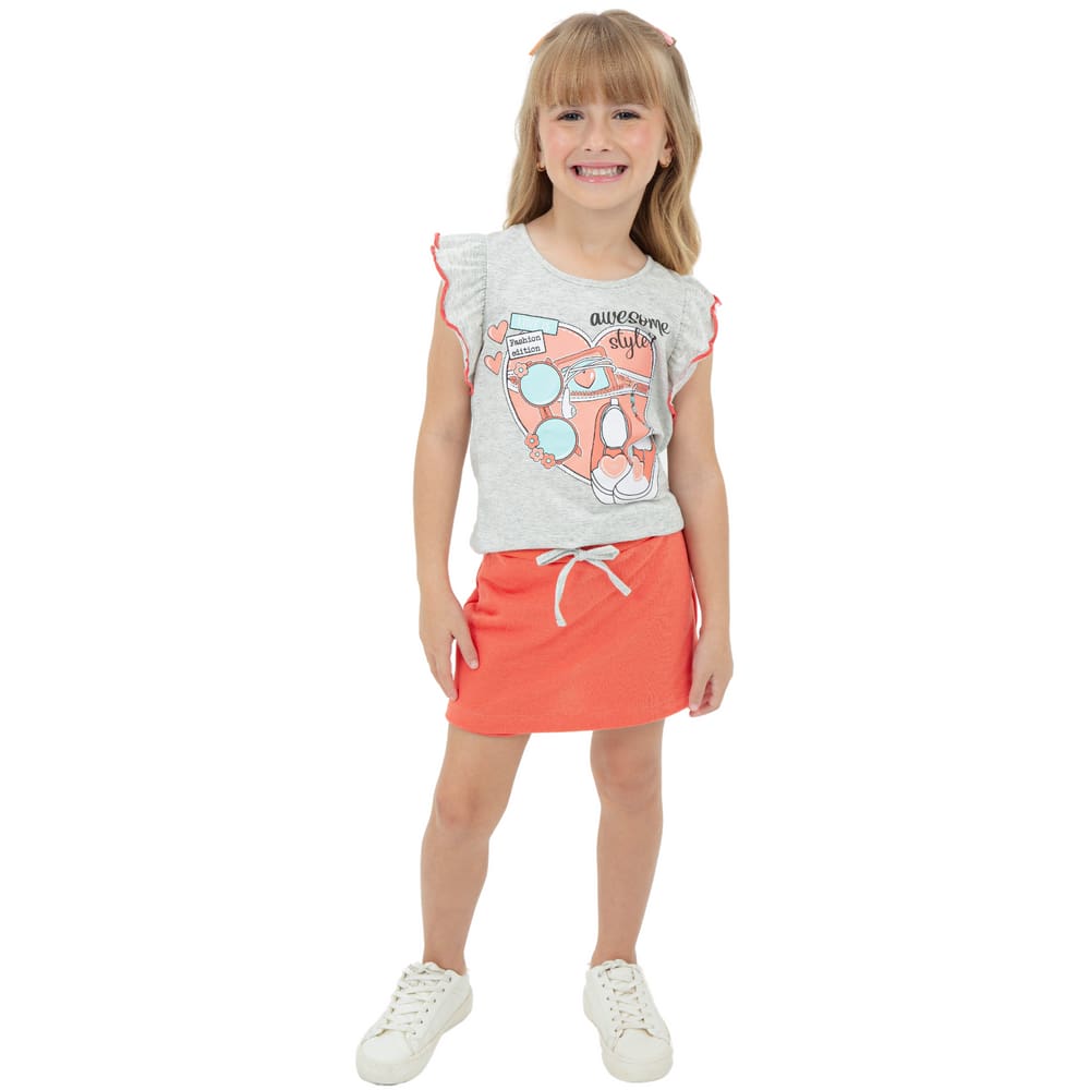 Conjunto Blusa Estampada Meia Malha Short Saia Salmão Verão