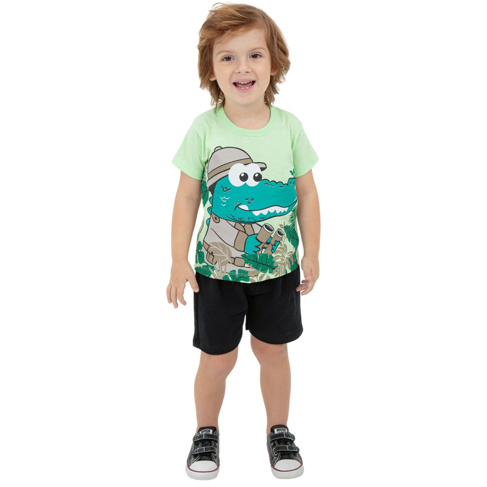 Conjunto Menino Camiseta Verde Jacaré Bermuda Preta Infantil