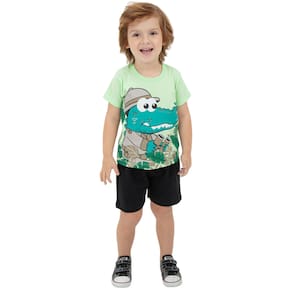 Conjunto Menino Camiseta Verde Jacaré Bermuda Preta Infantil