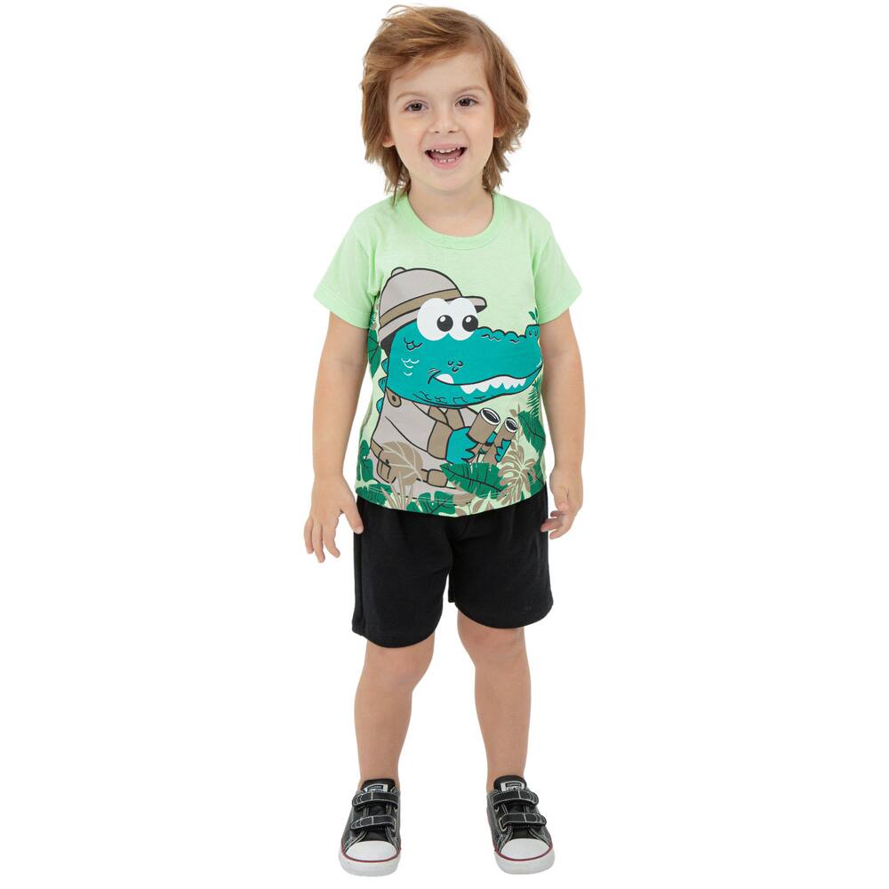 Conjunto Menino Camiseta Verde Jacaré Bermuda Preta Infantil