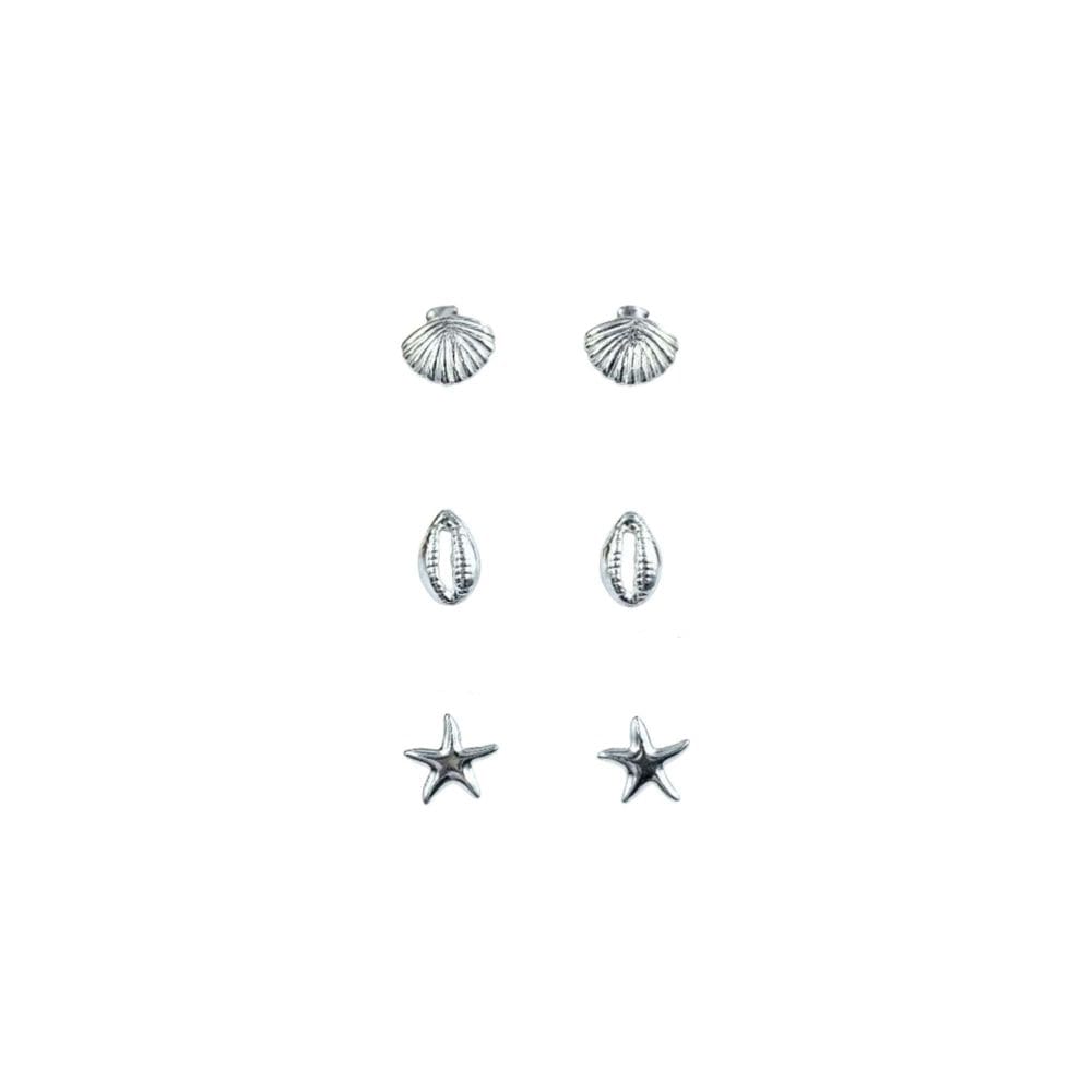 Trio de Brincos Moda Praia em Prata 925