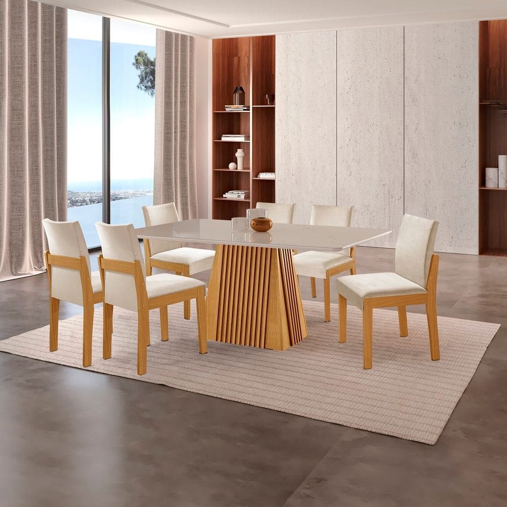 Conjunto de Jantar Mesa Áustria 160cm X 80cm Tampo Mdf/vidro com 4 Cadeiras Mônaco Yescasa Castanho Cinamomo/Creme/Off White