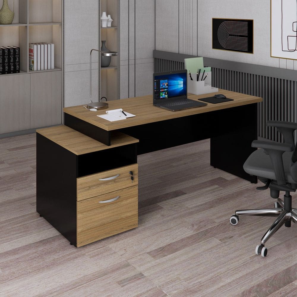 Mesa Diretor com Gaveteiro Pé Painel Espresso Móveis Amadeirado/Preto