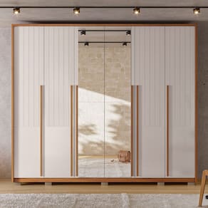 Guarda-Roupa Casal Ripado com Espelhos 6 Portas 6 Gavetas Suburban Gold Lux Freijó/Off White