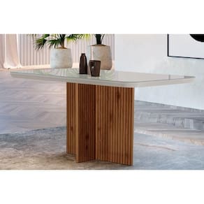 Mesa De Sala Jantar + Tampo Madeirado Vidro Curvo 120x80cm Off White/imbuia Ripado-vidro Off White