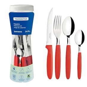 Faqueiro Ipanema Lâminas Aço Inox Cabos De Polipropileno Vermelho Com Pote Plástico 24pçs