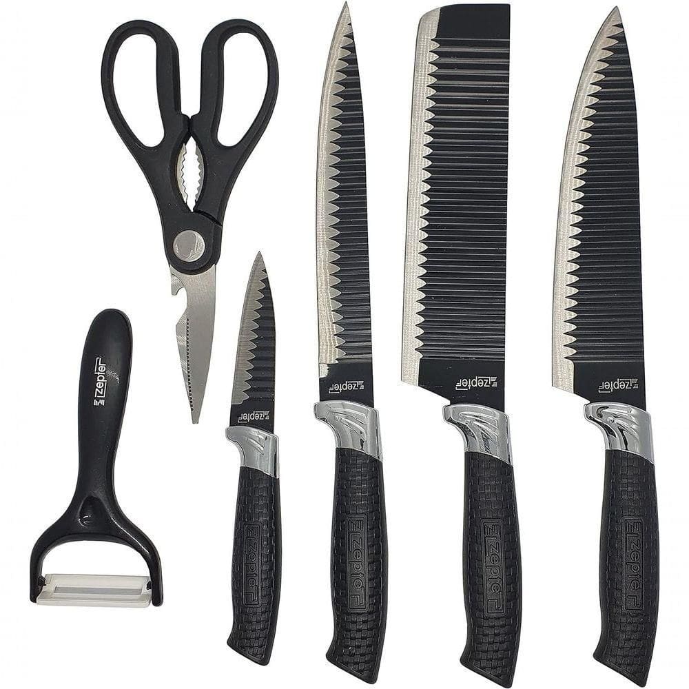 Conjunto Jogo Facas Do Chef Profissional 6 Peças Churrasco Cozinha Peças Aço Inox Cor Preto