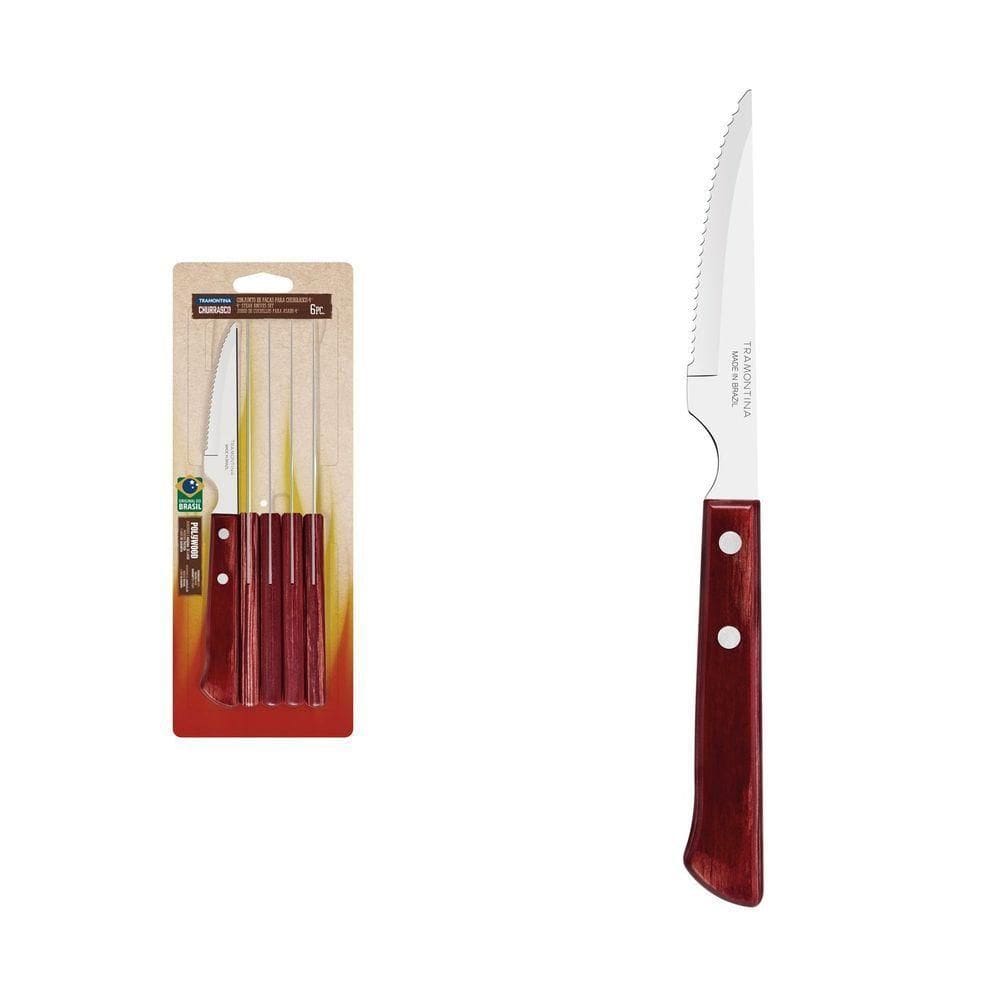 Conjunto De Facas Para Churrasco 6 Peças 4&quot; Em Aço Inox Com Cabo Polywood Vermelho