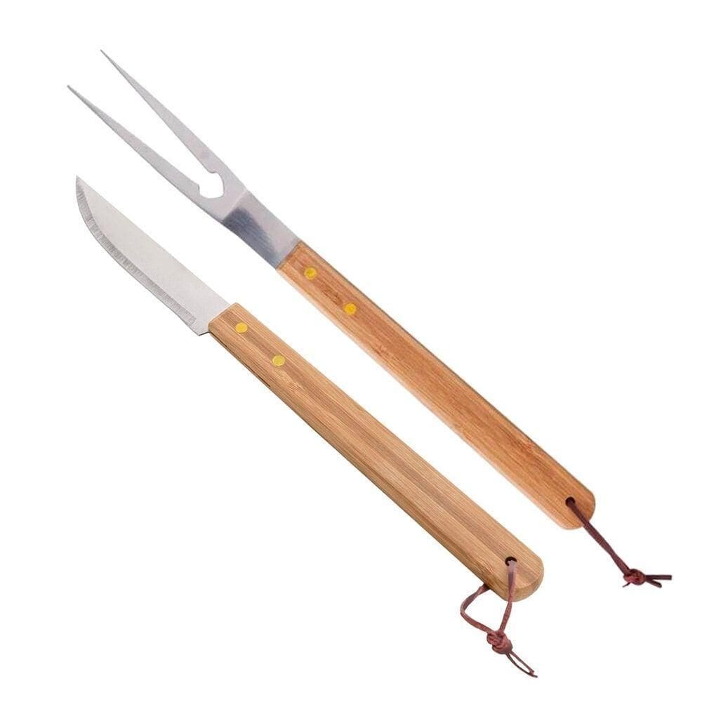 Jogo Garfo E Faca De Churrasco Corte Aço Inox Cabo Bambu Açougueiro 37cm Lyor
