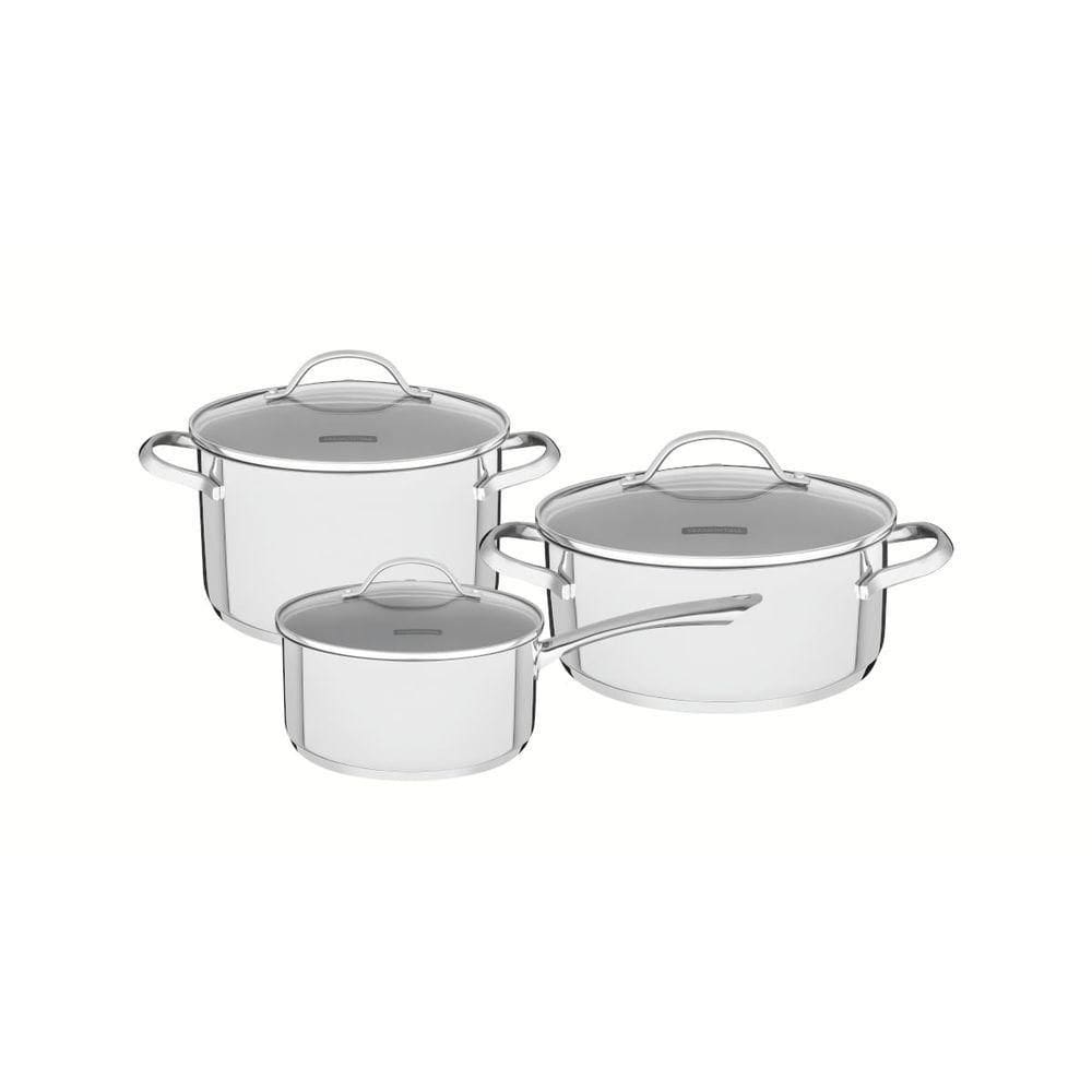 Jogo De Panelas Tramontina Una Aço Inox Fundo Triplo Tampas De Vidro 3 Peças