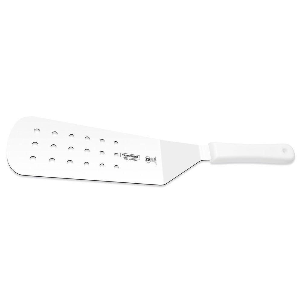 Espátula Para Frituras 9"x3" Perfurada Tramontina Lâmina Em Aço Inox E Cabo Branco Tramontina