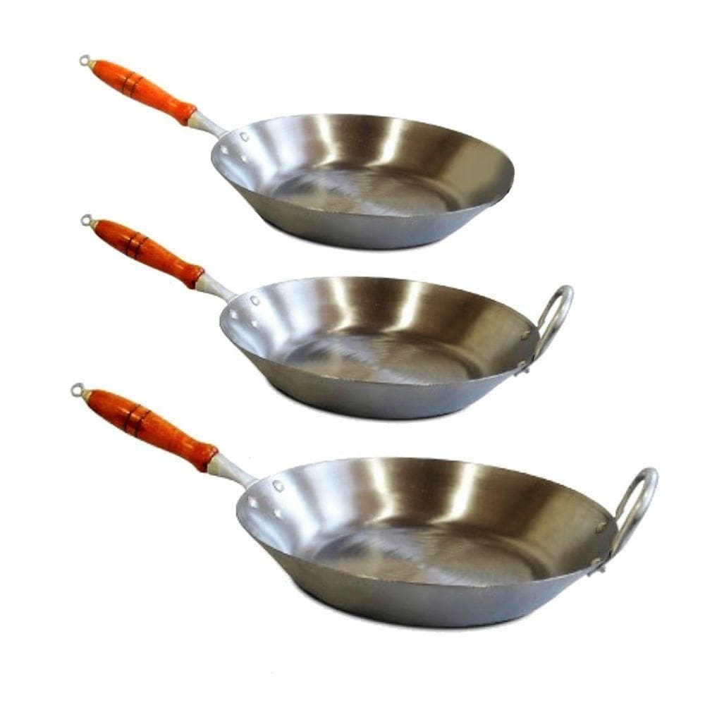 Kit Jogo De Frigideiras Aço Carbono 2Mm Cabo Madeira Fritura