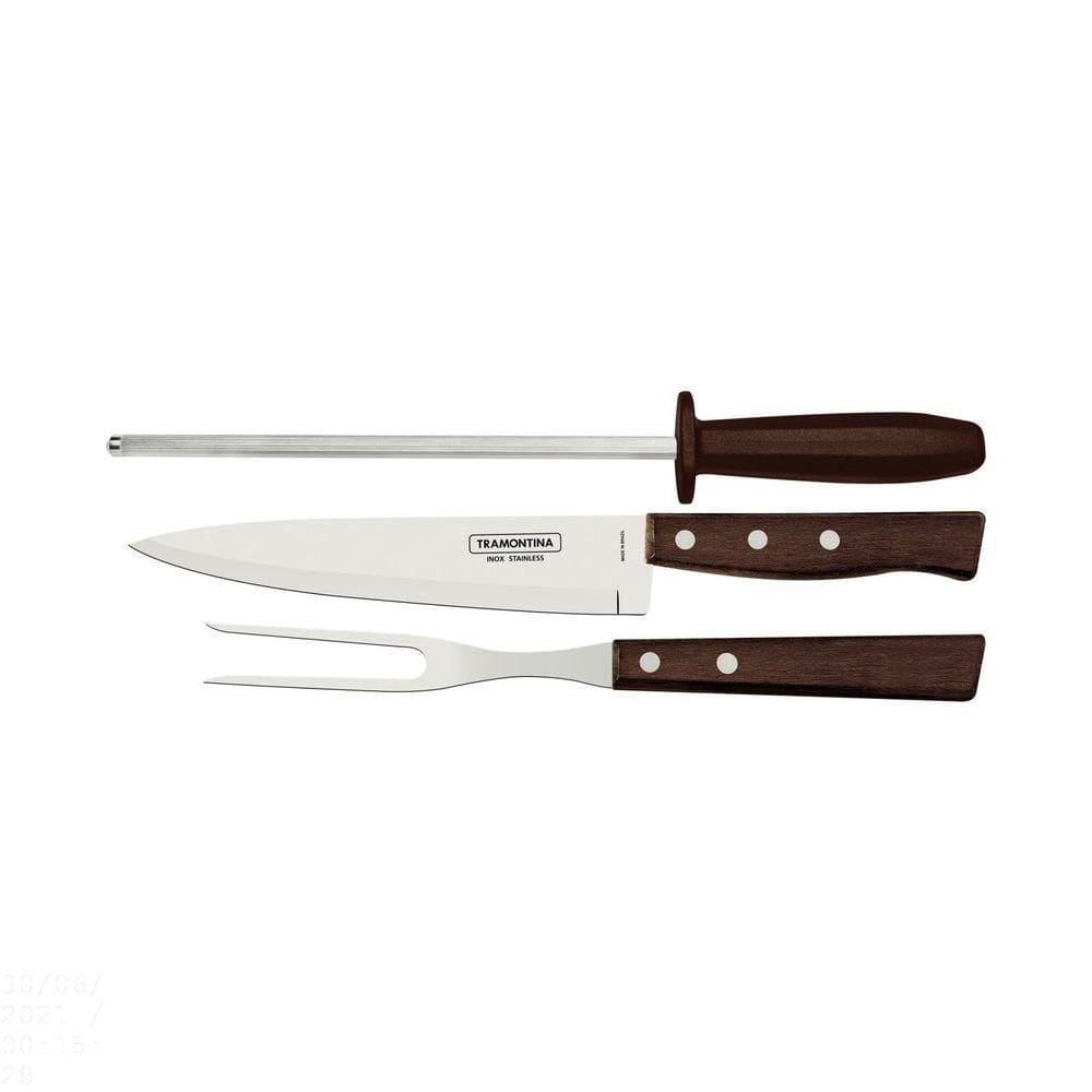 Jogo Para Churrasco Em Aço Inox Com Cabo Marrom Madeira E Polipropileno 3 Peças