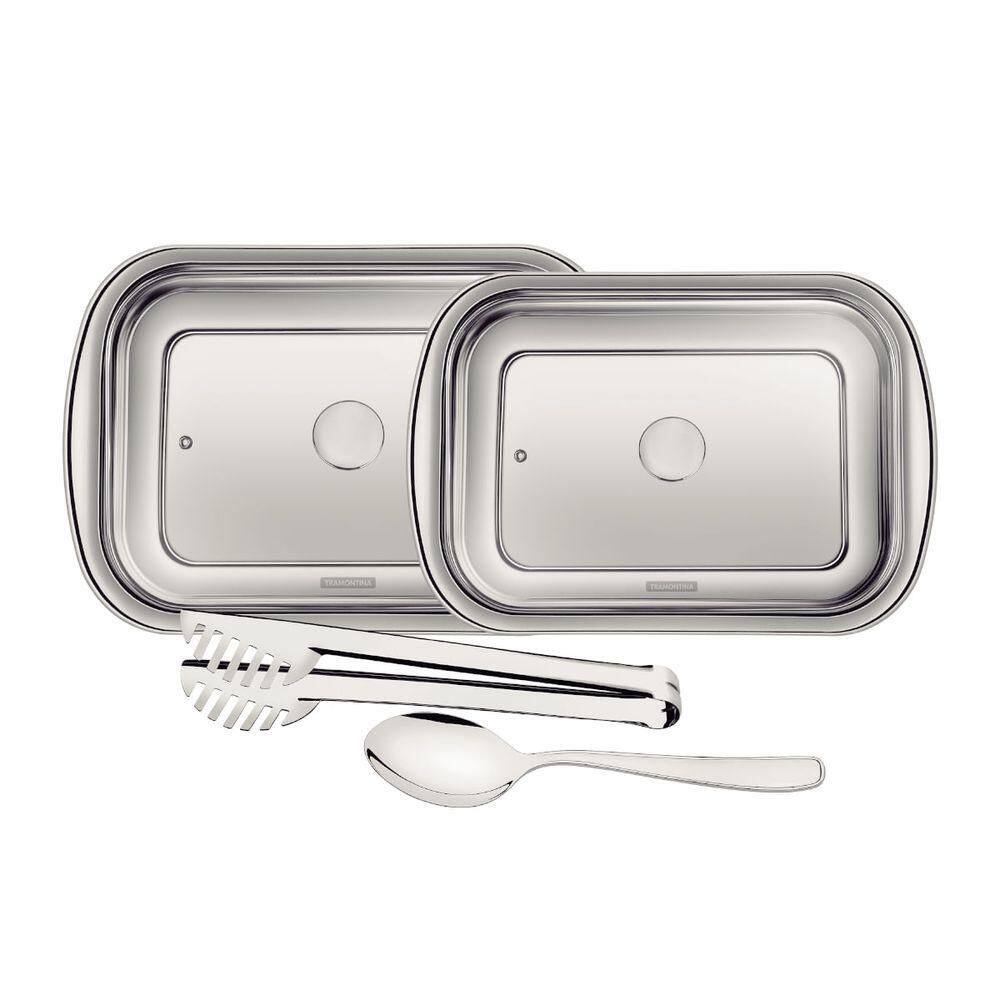 Kit Para Assar E Servir Tramontina Cosmos Em Aço Inox Com Tampa De Vidro 4 Peças