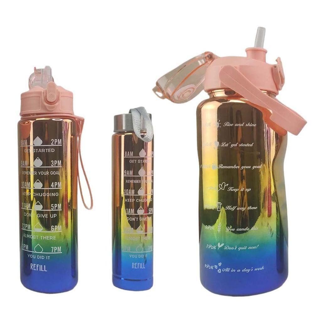 Garrafa Motivacional Metalica Kit 3 Uni Com Medidor Squeeze Academia Treino Estudos Casa Curso
