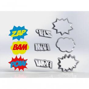 Cortador Onomatopeias Zap Bam Pow e Molduras Placas Balões Tamanho 5cm
