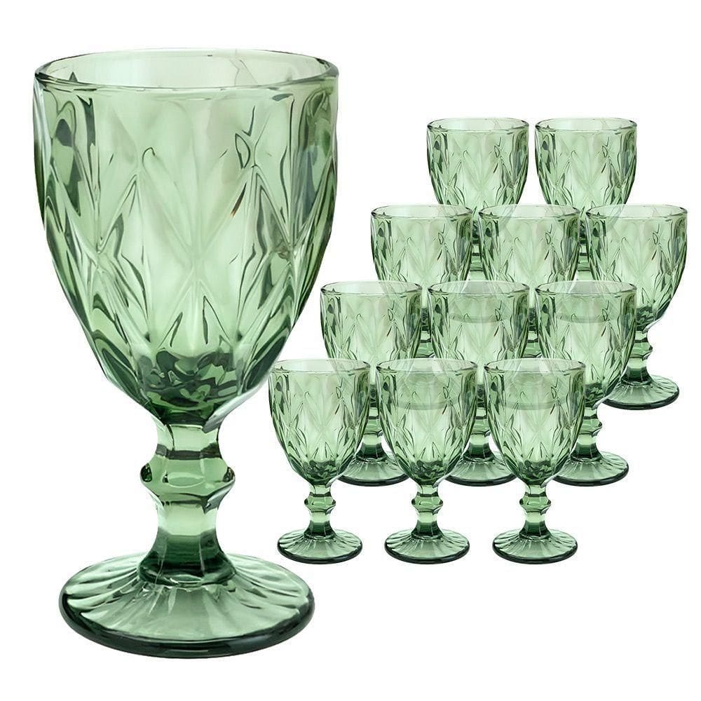Jogo 12 Taças De Vidro Diamond Diamante Verde 300ml água Class Home