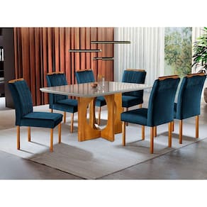 Conjunto Sala De Jantar 6 Lugares Mesa E 6 Cadeiras Azul Turquesa Escuro Mel/azul Turquesa Escuro