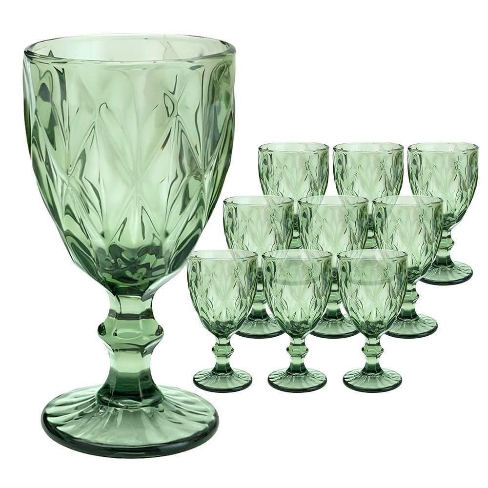 Jogo 10 Taças De Vidro Diamond Diamante Verde 300ml água Class Home