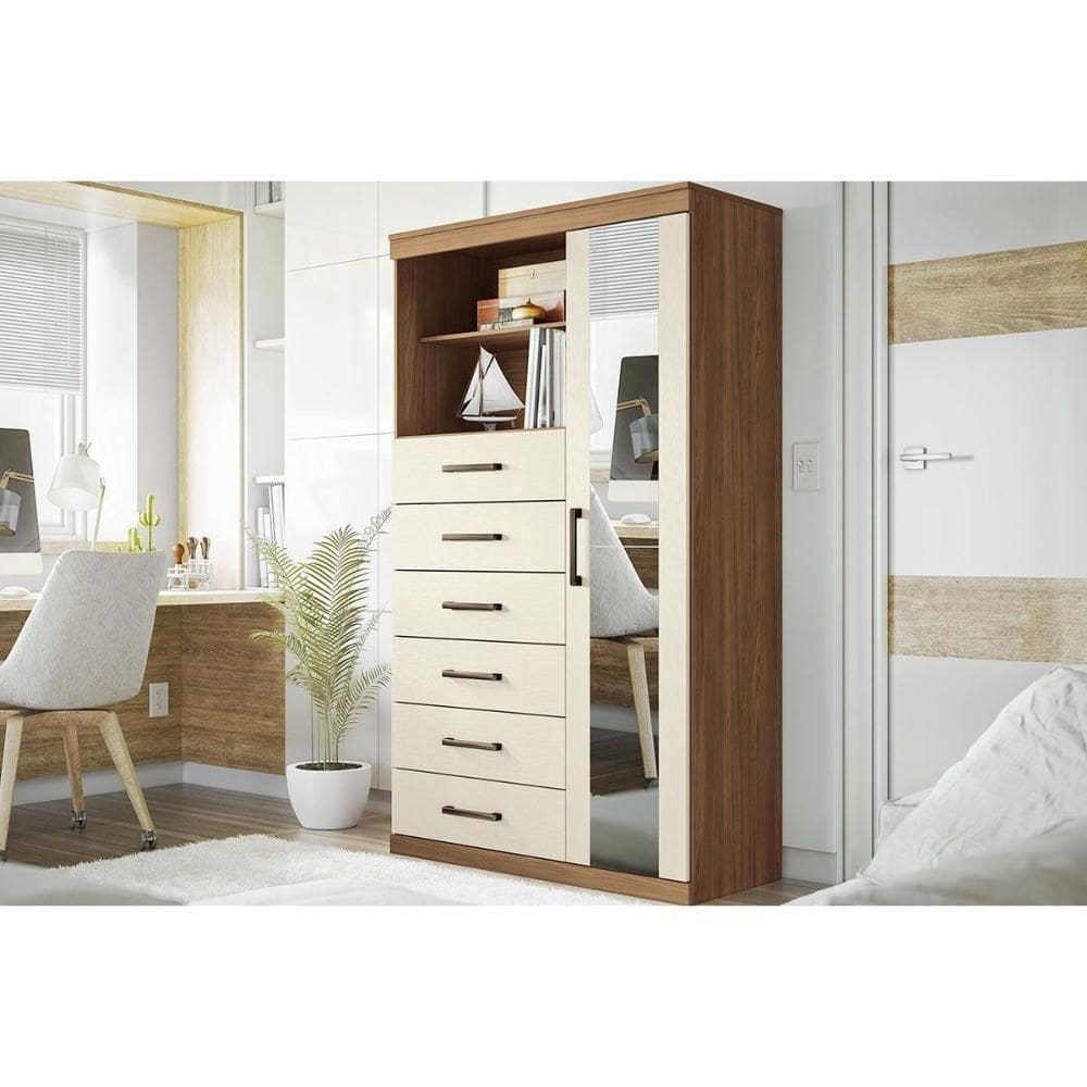 Cômoda De Quarto Marabá 1.6 C/ 1 Porta 2 Nichos E 6 Gavetas C/ Espelho Jatoba/areia Santos Andirá
