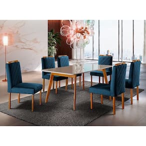 Conjunto Sala De Jantar 6 Lugares Mesa Slim Cadeiras Veludo Azul Marinho Mel/off-white/azul Marinho