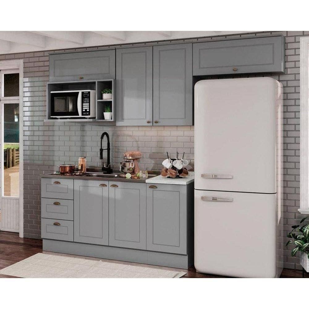 Kit De Cozinha Modulada 7 Peças Americana (3 Aéreos. 2 Balcões, 1 Nicho, 1 Complemento) Cinza - Henn