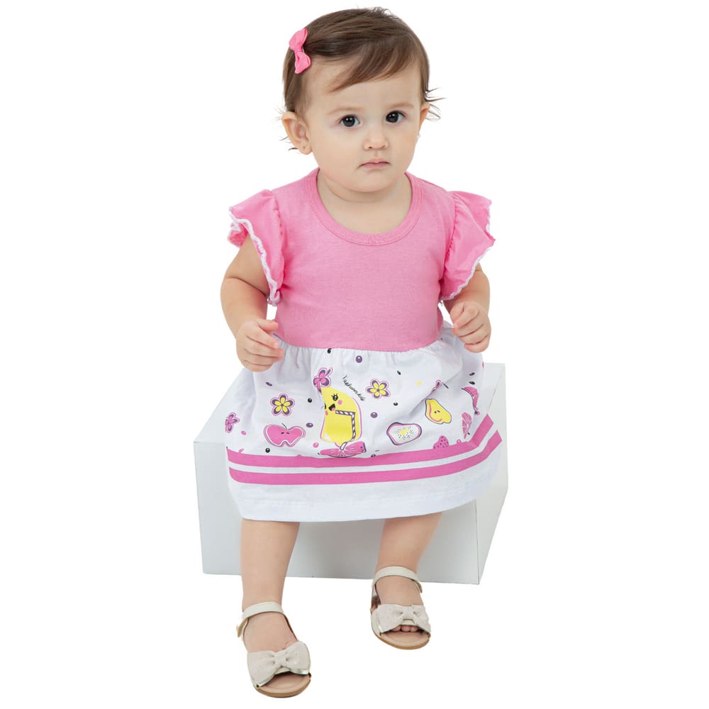 Vestido Bebê Rosa Branco Meia Malha Frutas e Flores Soltinho