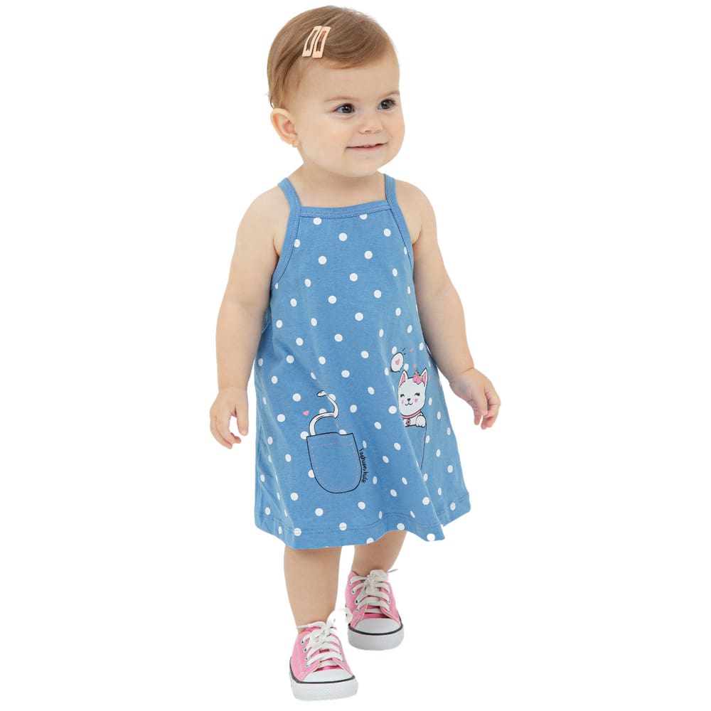 Vestido Regata Bebê Azul Poá e Gatinha Meia Malha Verão