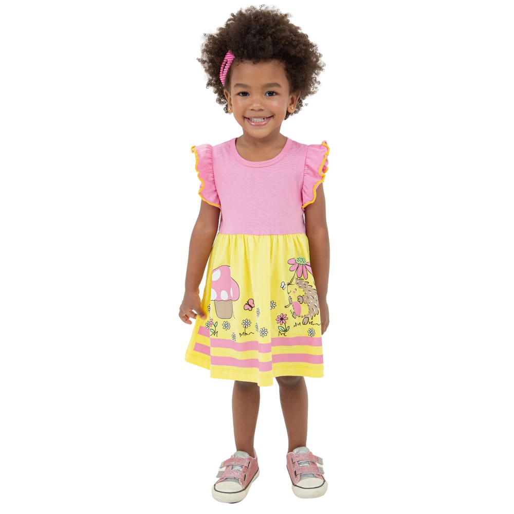 Vestido BeBê Rosa Amarelo Cogumelo Florzinhas Meia Malha