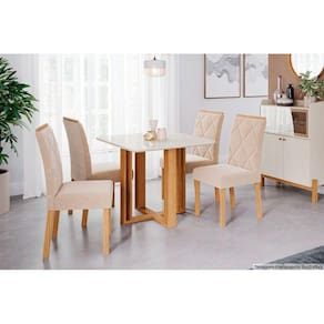 Conjunto: Mesa Sala Jantar Flora C- Tampo Madeirado 95cm + 4 Cadeiras Fernanda Nature-ow-nude Cimol