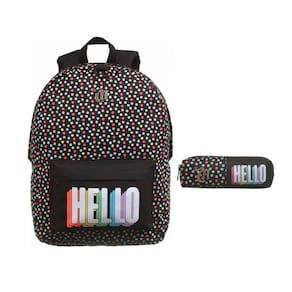 Kit Mochila + Estojo Capricho Hello Preta com Poá Colorido Ref: 11913 e 11914 Dermiwil