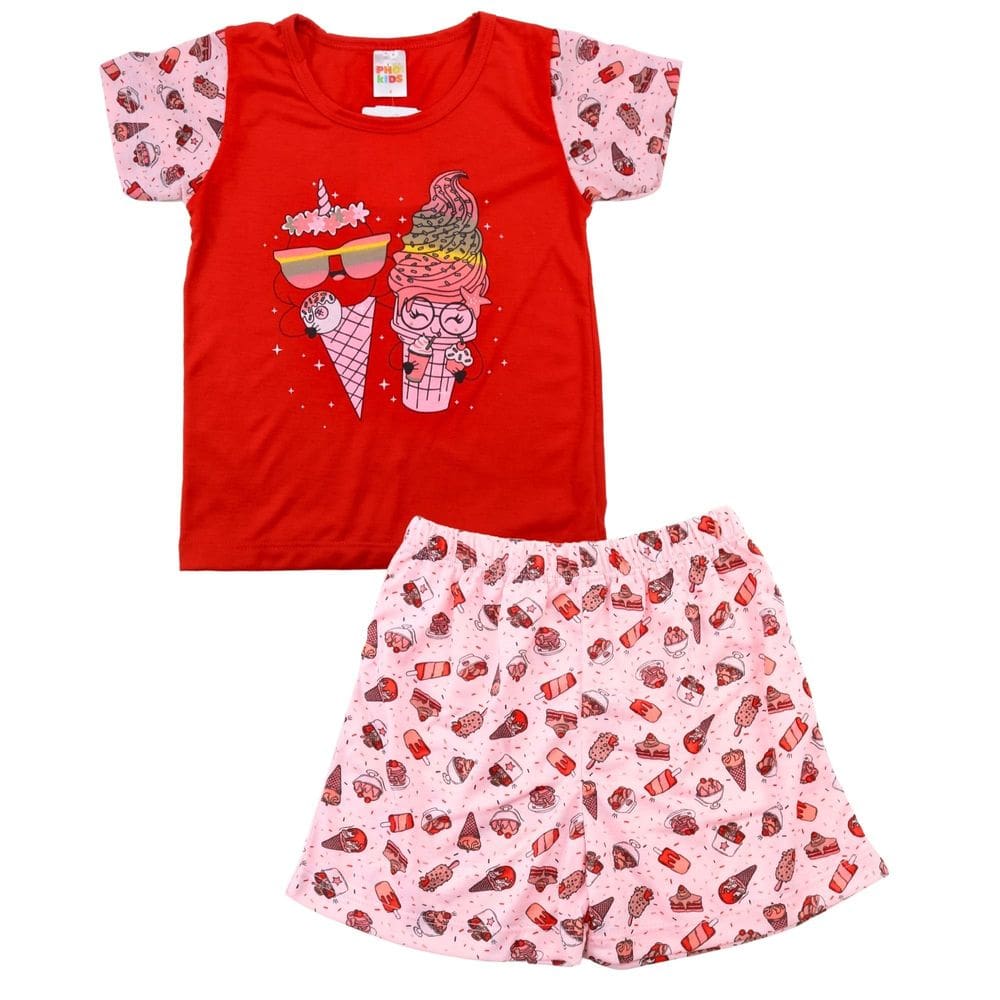 Pijama Infantil Menina Blusa Vermelha com Sorvetes e Bermuda