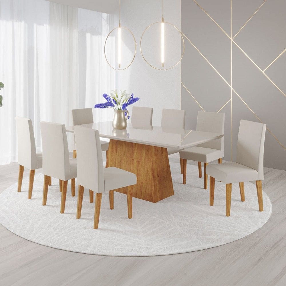 Mesa de Jantar 8 Lugares Bariloche com Vidro Marrom/Off White/Marim - Viero Móveis