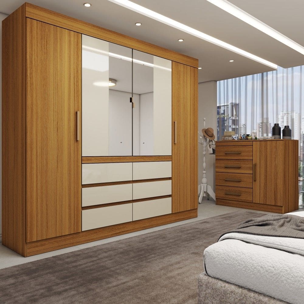 Quarto Completo Casal Marrom 5 Portas 10 Gavetas com Espelho Cinamomo/Off White - Panorama Móveis