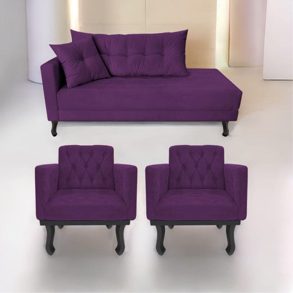 Kit Diva Recamier Azura 185cm Lado Direito e 02 Poltronas Classic Suede Roxo