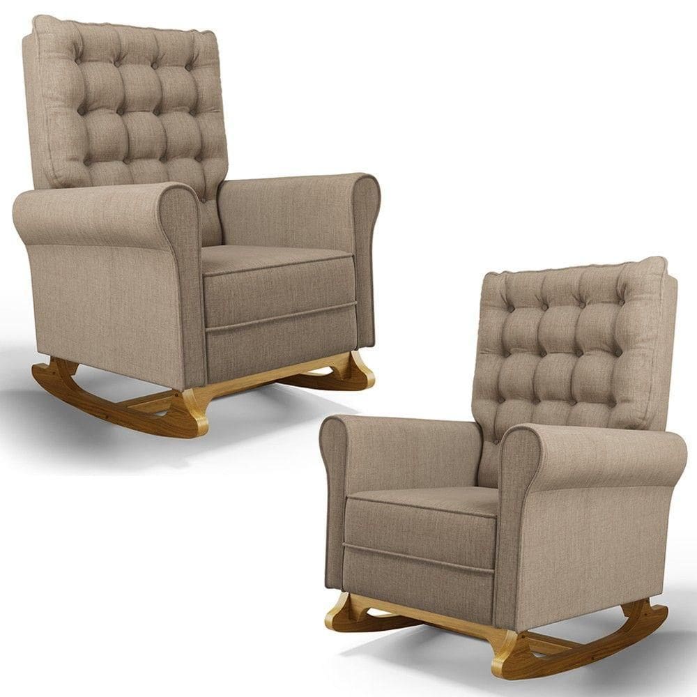 Kit 02 Poltronas De Amamentação E Descanso Base Madeira Balanço Brenda G05 Linho Areia - Mpozenato