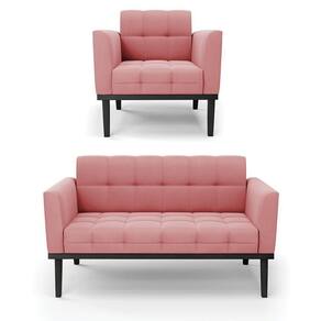 Conjunto Poltrona E Namoradeira Decorativa Pés Fixo Em Madeira Preto Suede Rose