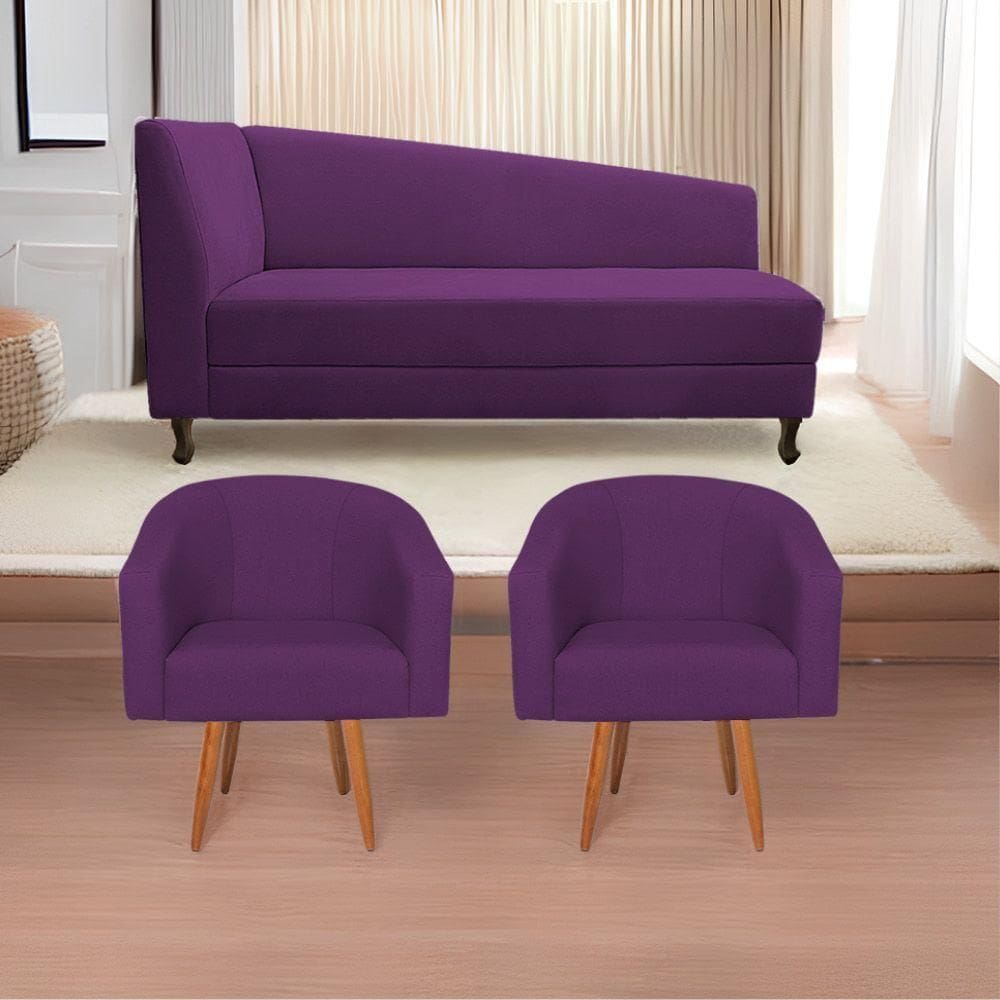 Kit Diva Recamier Heitor 140cm Lado Esquerdo e 02 Poltronas Luiza Suede Roxo