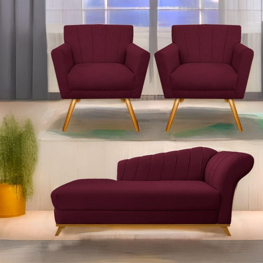 Kit Diva Recamier Vanessa 160Cm Lado Esquerdo E 02 Poltronas Laura Suede Cor Bordô