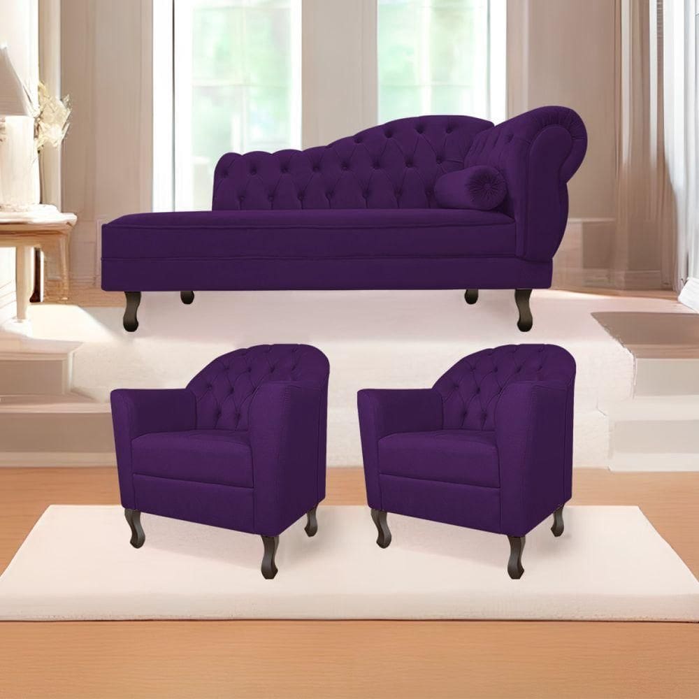 Kit Diva Recamier Diana 160cm Lado Esquerdo e 02 Poltronas Julia Suede Roxo