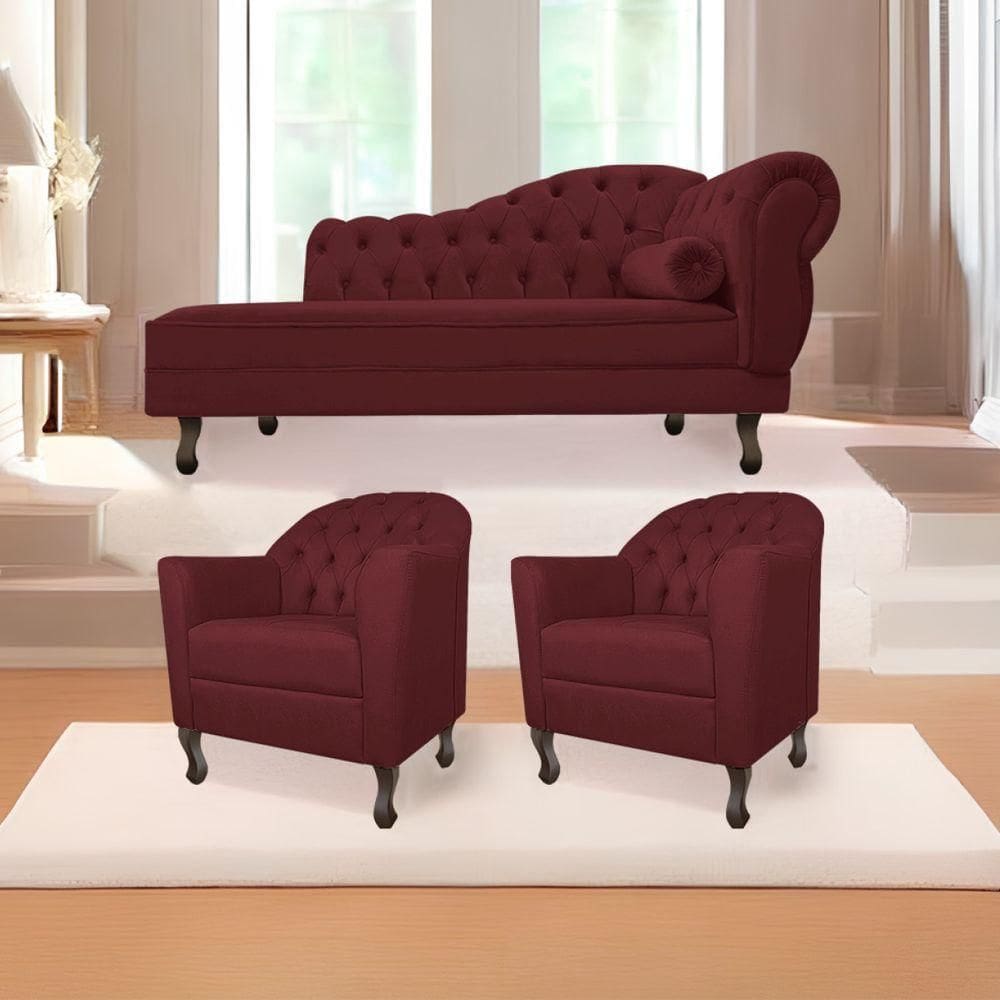 Kit Diva Recamier Diana 130cm Lado Esquerdo e 02 Poltronas Julia Suede Bordô