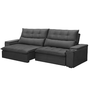 Sofá Retrátil E Reclinável 3 Lugares 210cm Robem Porta Copos No Braço Veludo Grafite G22 Gran Belo