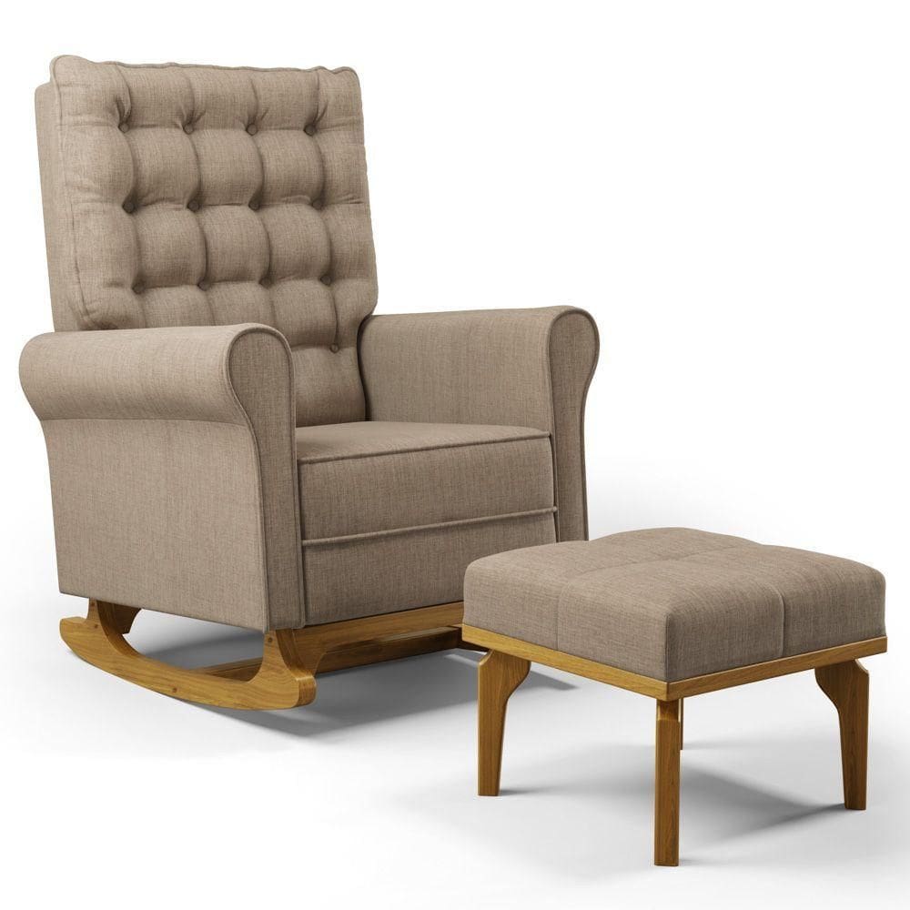 Poltrona De Amamentação Balanço E Puff Base De Madeira Brenda G05 Linho Areia - Mpozenato