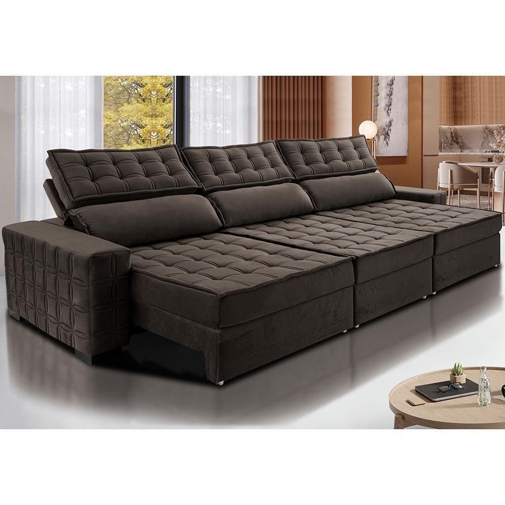 Sofá Retrátil E Reclinável 4,15M Cama Inbox Big Star Com Softgel D40 Velupluma Café