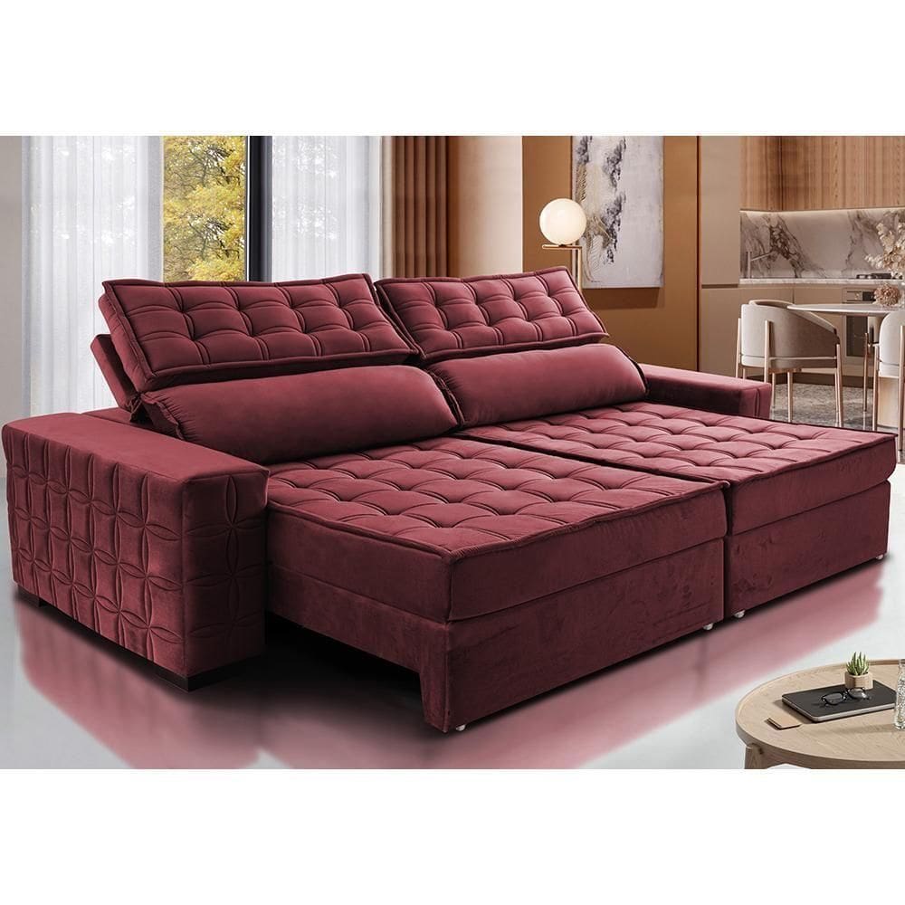 Sofá Retrátil E Reclinável 2,75M Cama Inbox Big Star Com Softgel D40 Velupluma Vinho