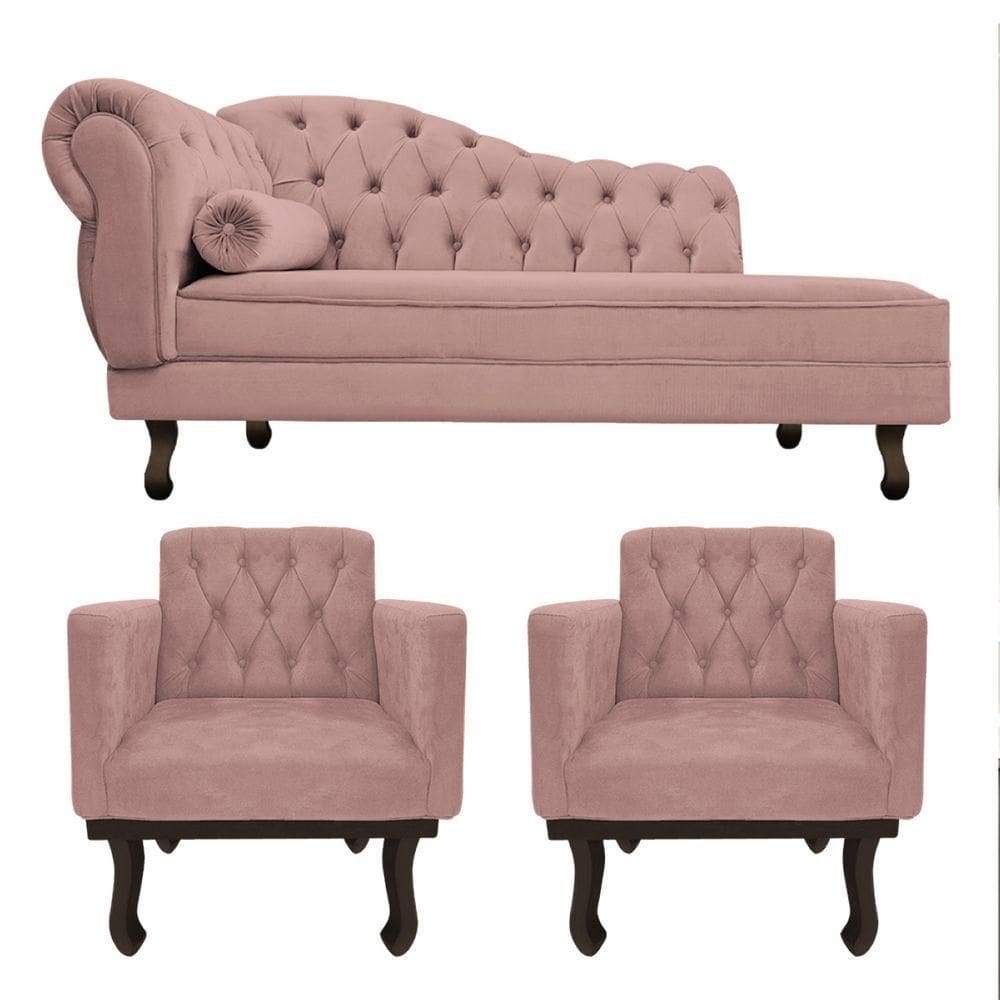 Kit Diva Recamier Diana 185Cm Lado Direito E 02 Poltronas Classic Linho - Amarena Móveis