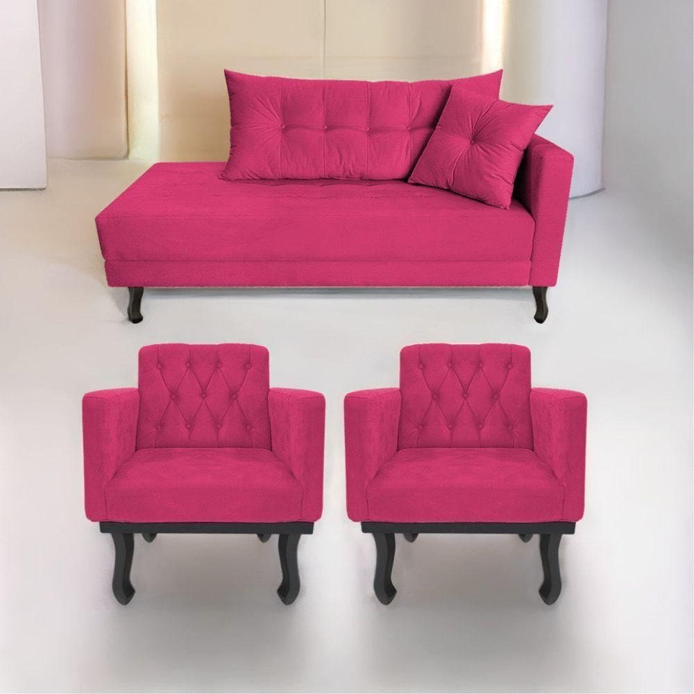 Kit Diva Recamier Azura 185Cm Lado Esquerdo E 02 Poltronas Classic Suede - Doce Sonho Móveis Pink