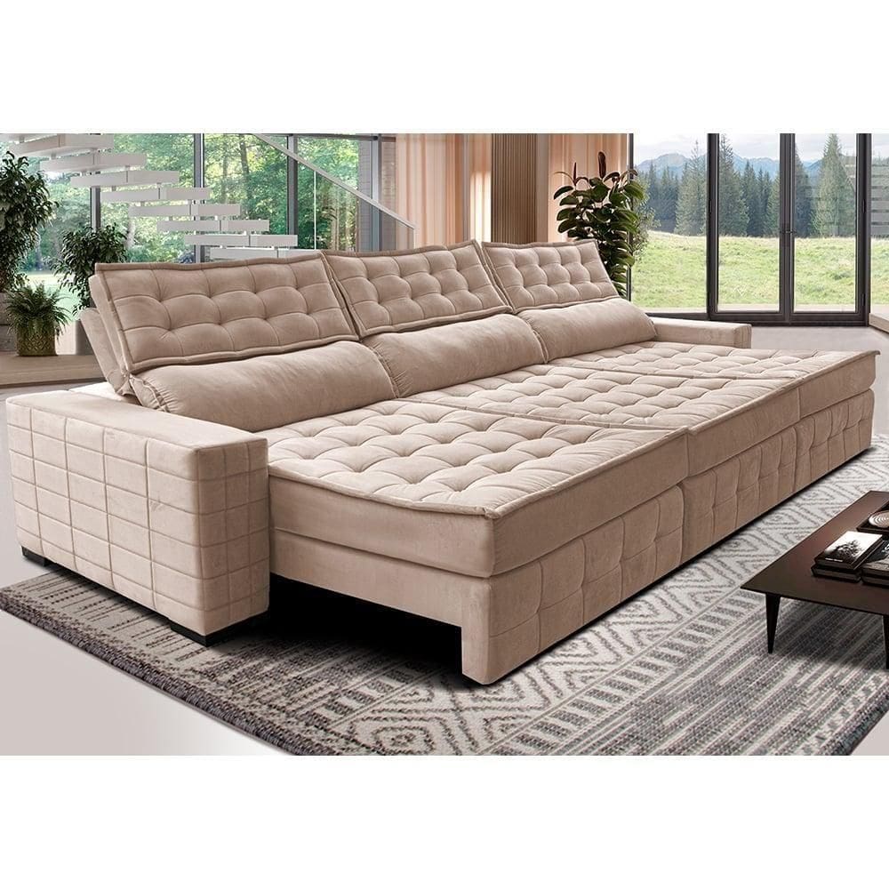 Sofá Retrátil E Reclinável 3,55M Cama Inbox Big Puffer Com SoftgelD40 Velupluma Bege