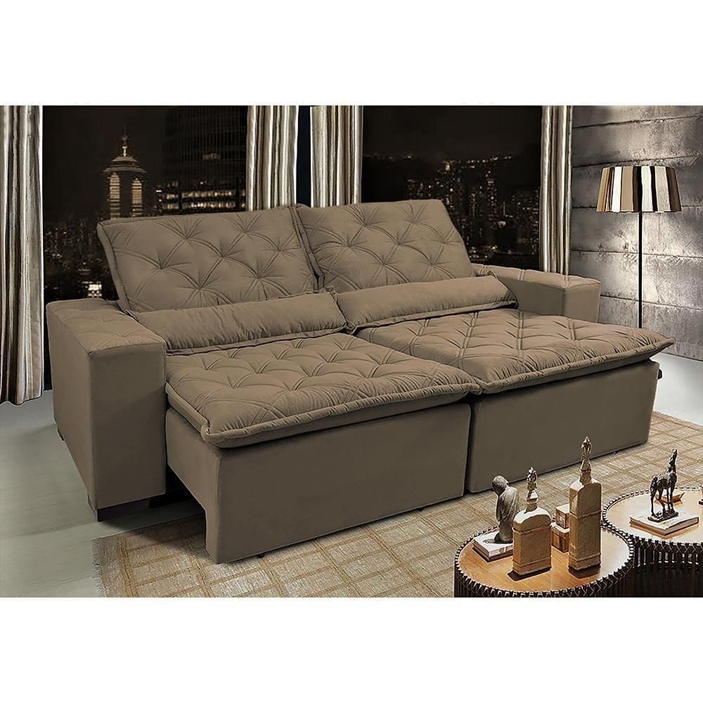 Sofá Lisboa 2,12m Retrátil, Reclinável Com Molas No Assento Tecido Suede Velusoft Castor